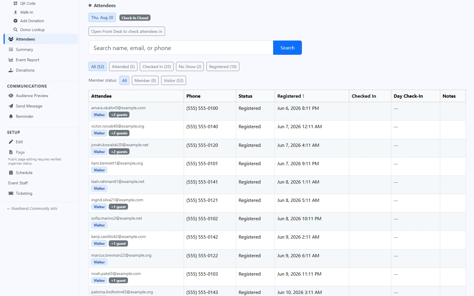 EventsLog attendee list for an event day, with a search box, filters for all, attended, checked in, no show, and registered attendees, and columns showing each person's status, guests, and check-in time.
