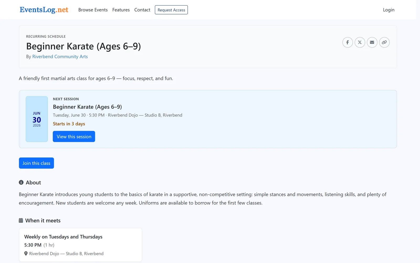 EventsLog public class page for Beginner Karate (Ages 6–9), showing the next session, the weekly Tuesday and Thursday schedule, and a button to join the class.