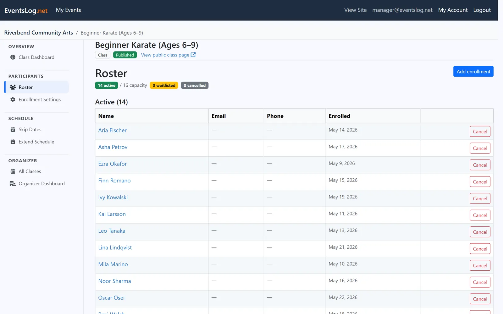 EventsLog class roster listing enrolled students with their enrollment dates, alongside the active count and class capacity.