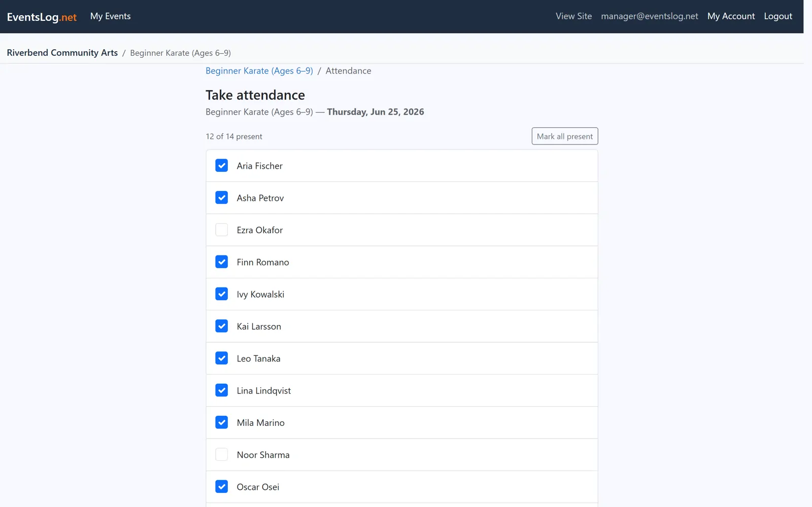 EventsLog attendance screen for a class session, with a checklist of students marked present or absent and a running present count.