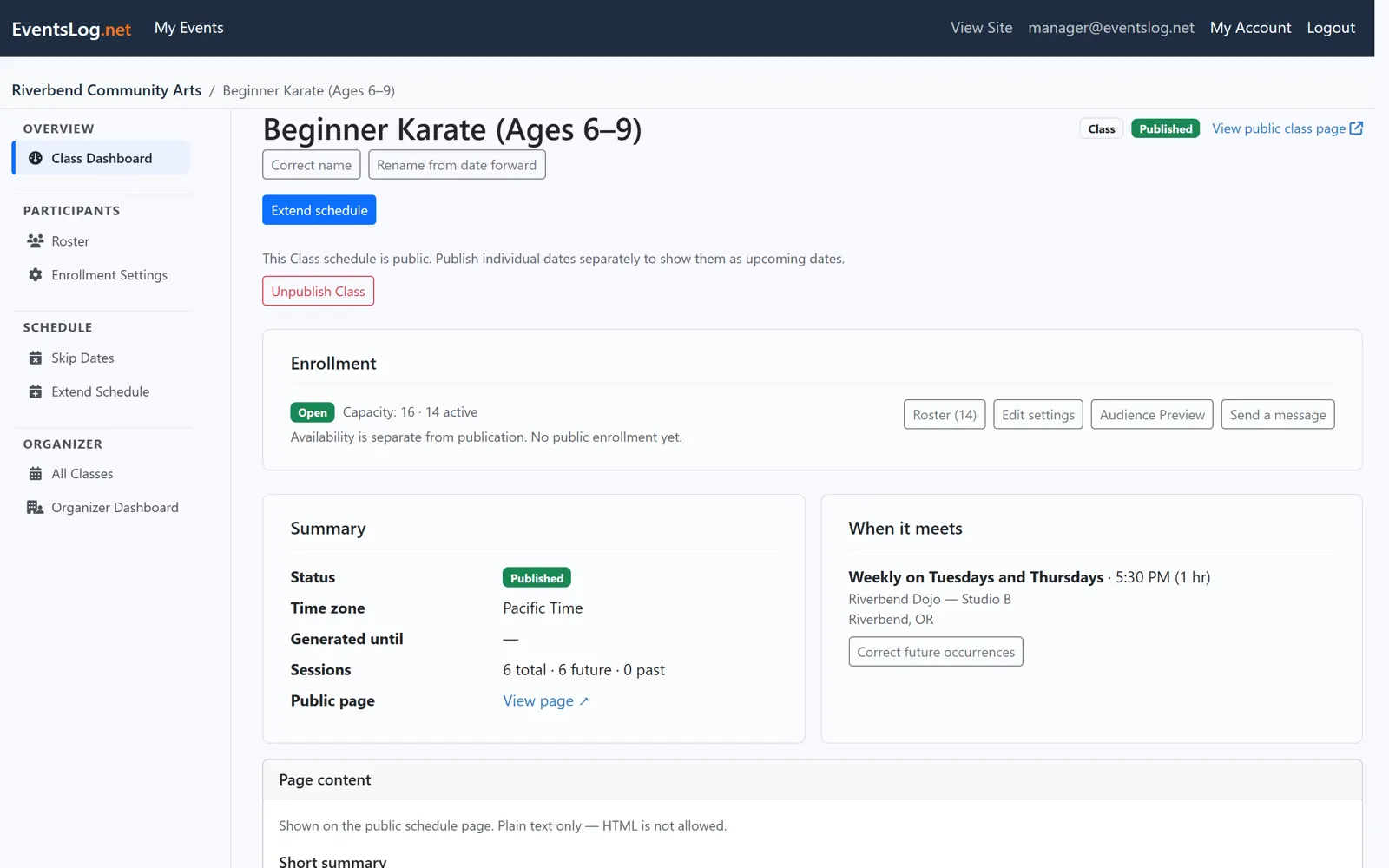 EventsLog class dashboard summarizing enrollment, the weekly schedule, and class status across the term.