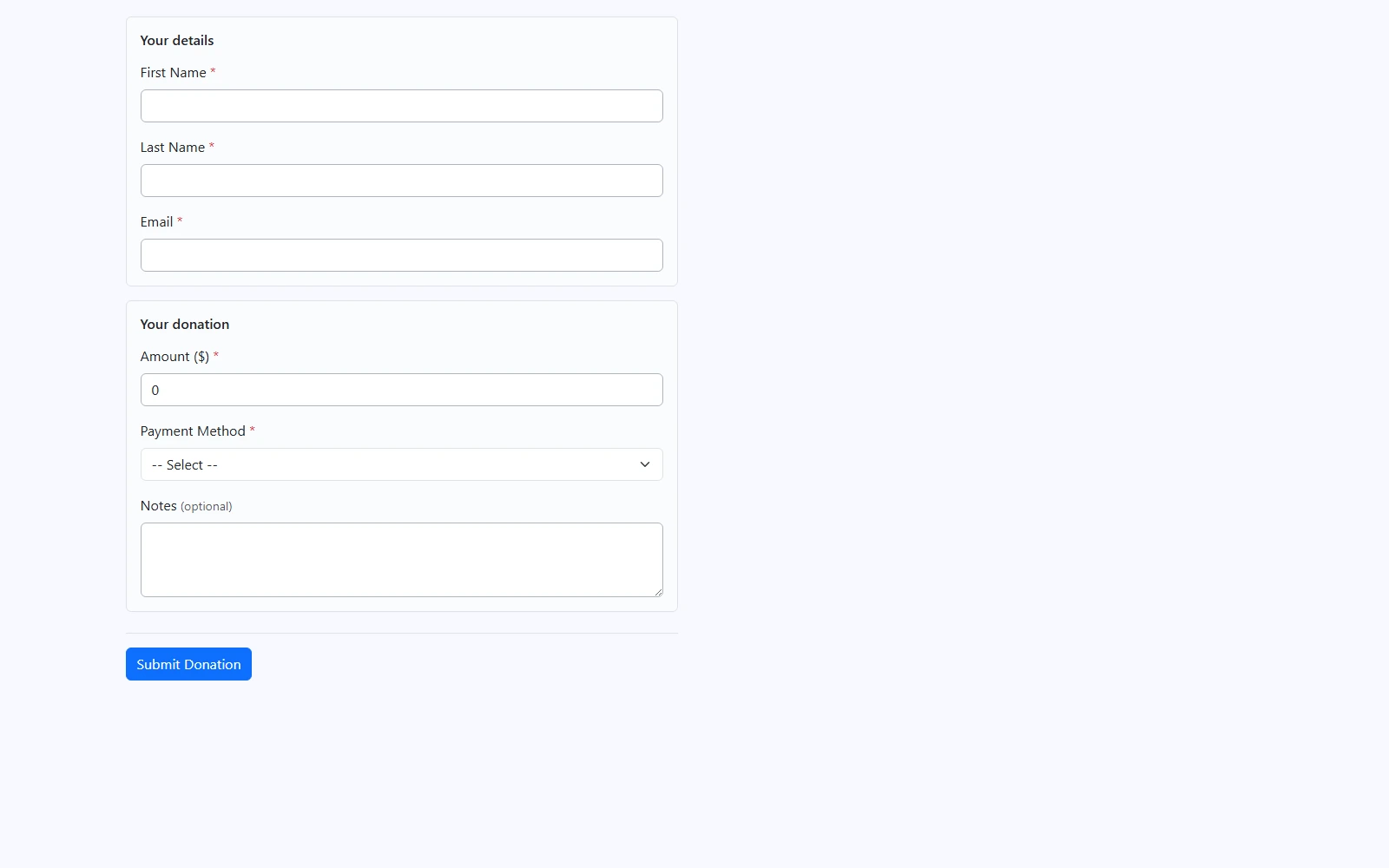 EventsLog public donation form for an event, with fields for the donor's name and email, the amount they choose, and an optional note.