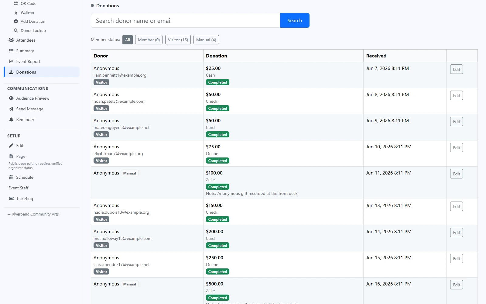 EventsLog donation list for an event, with a donor search box and rows showing each gift's amount, how it arrived, whether it was entered by hand at the front desk, and the date it was received.