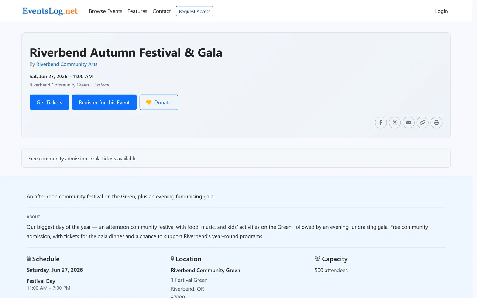 EventsLog public event page for the Riverbend Autumn Festival & Gala, showing the title, date and time, and buttons to get tickets, register, or donate.