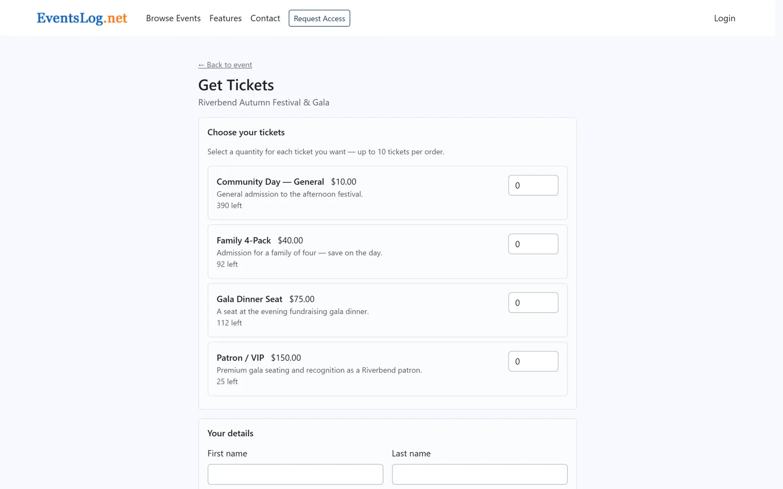 EventsLog ticket selection page listing ticket types and prices — Community Day General, Family 4-Pack, Gala Dinner Seat, and Patron / VIP — each with a quantity selector.
