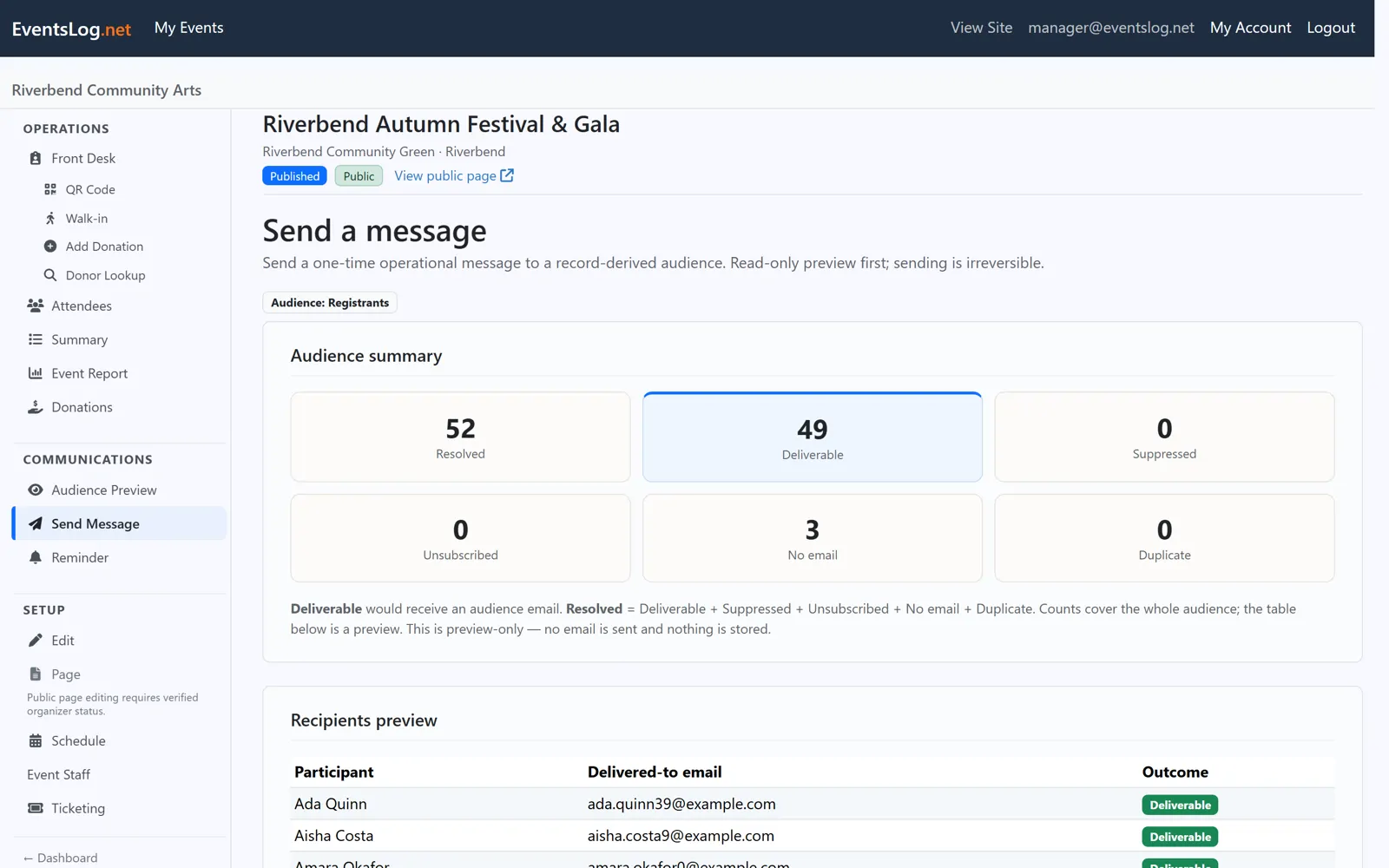 EventsLog organizer messaging screen showing an audience summary of deliverable recipients and a preview of exactly who an event update will reach.
