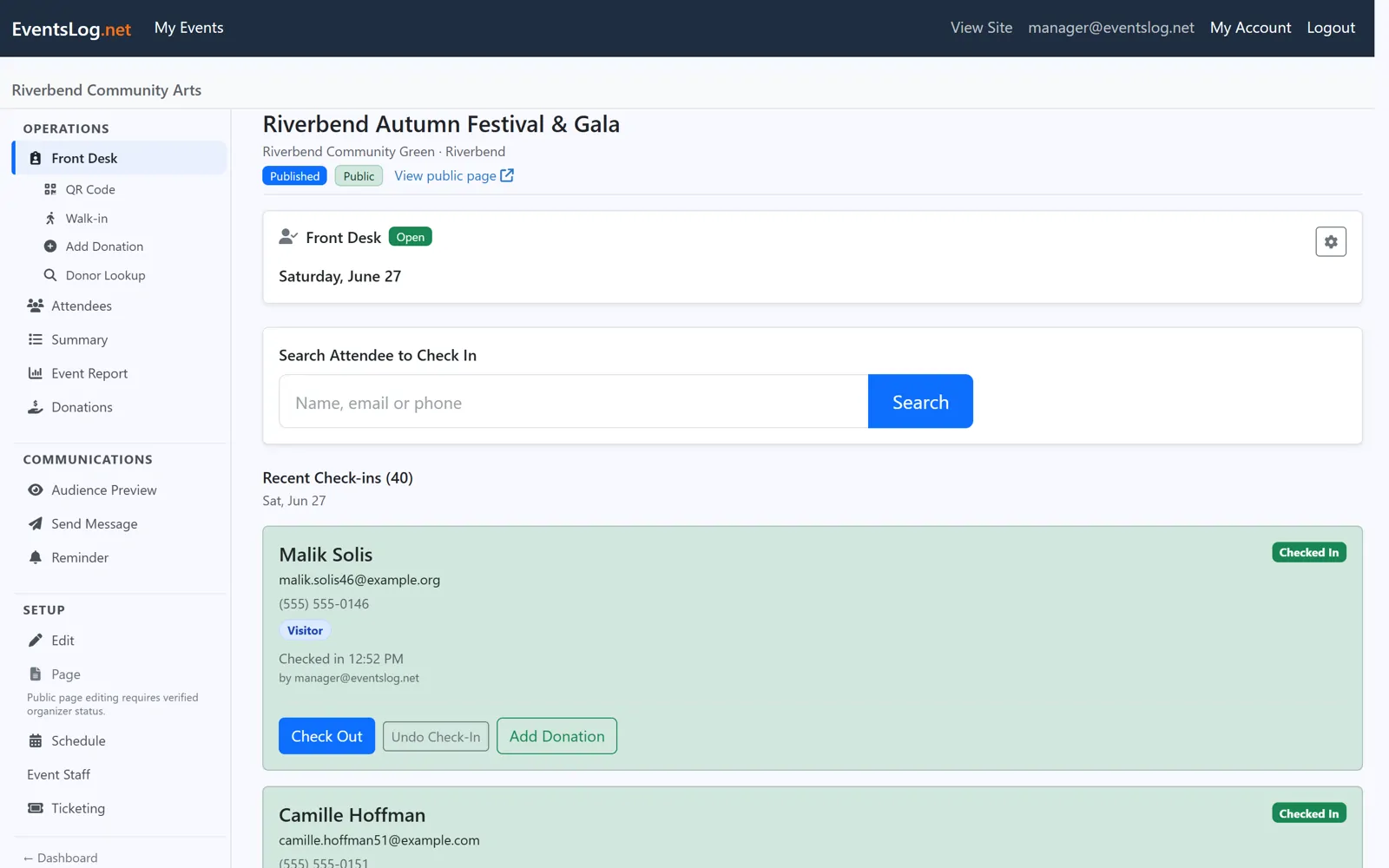 EventsLog Front Desk check-in screen on event day, with an attendee search box and a list of people already checked in.