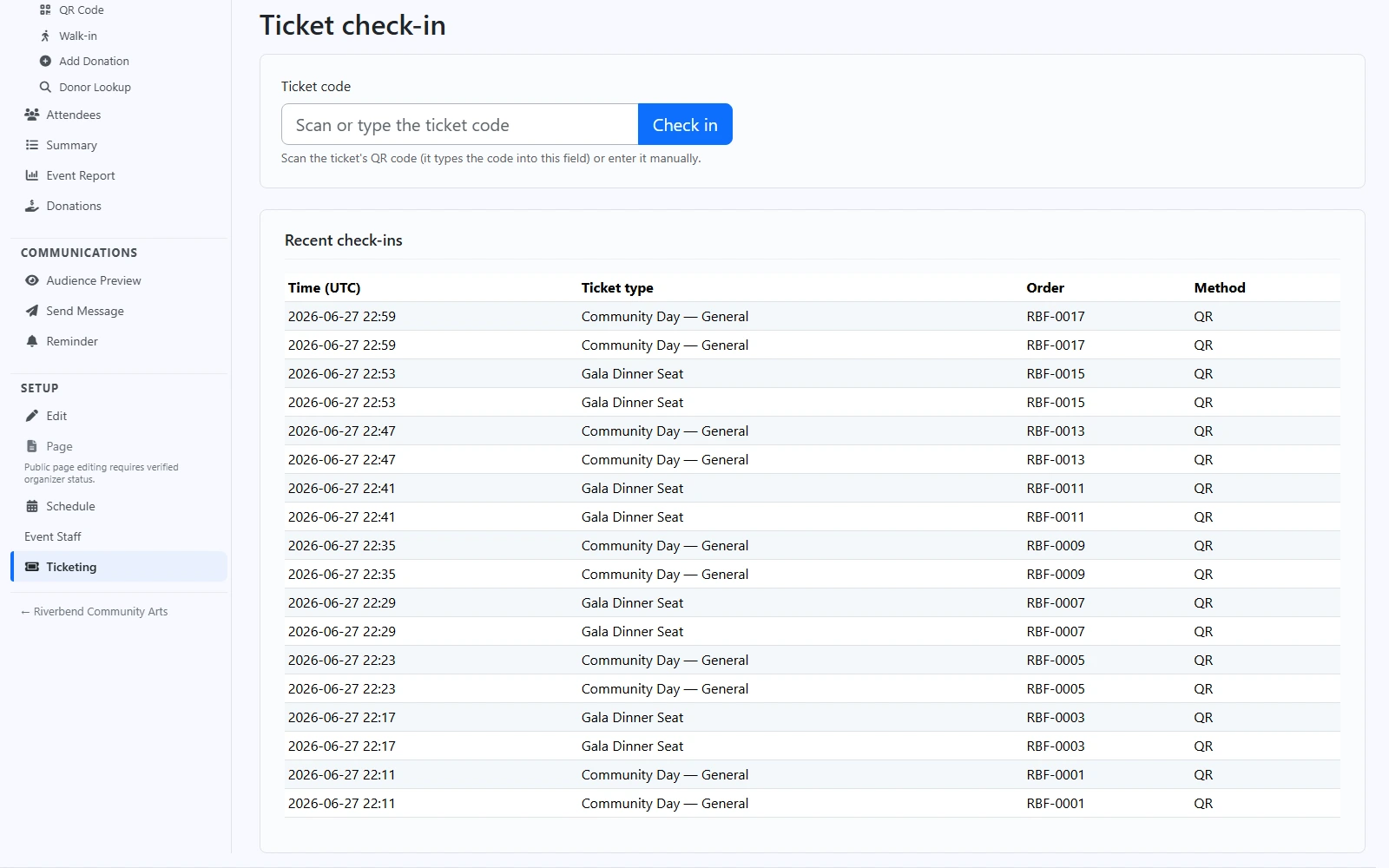 EventsLog ticket check-in screen with a field to scan or type the ticket code, above a list of recent check-ins showing the time, ticket type, order reference, and QR method for each scan.